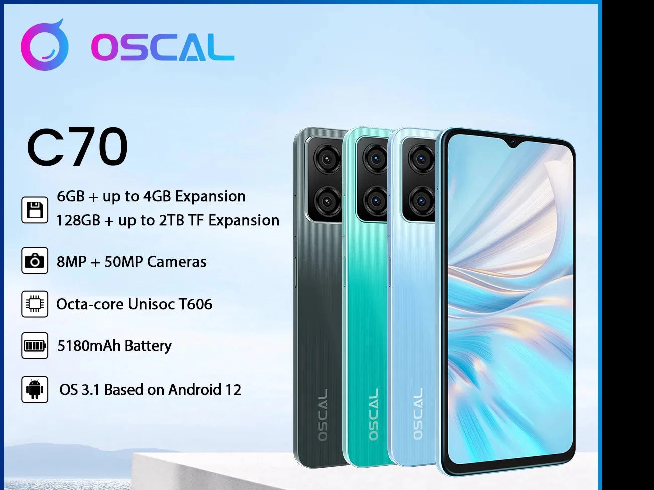 Blackview Oscal C70, Smartphone 6 Go + 128 Go, Octa Core, Android 12, appareil photo 50MP, écran HD+ 6,6", 5180 mAh, téléphone à charge rapide