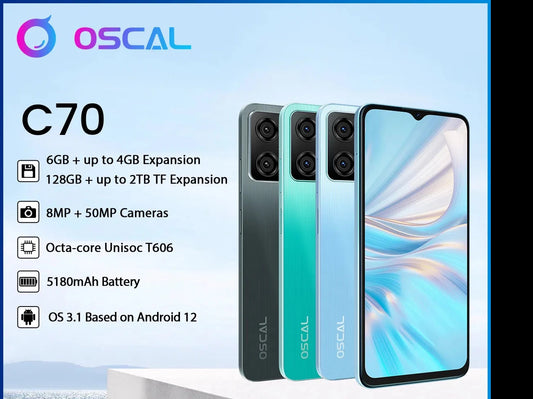 Blackview Oscal C70, Smartphone 6 GB + 128 GB, Octa Core, Android 12, 50-MP-Kamera, 6,6-Zoll-HD+-Bildschirm, 5180 mAh, Schnellladetelefon