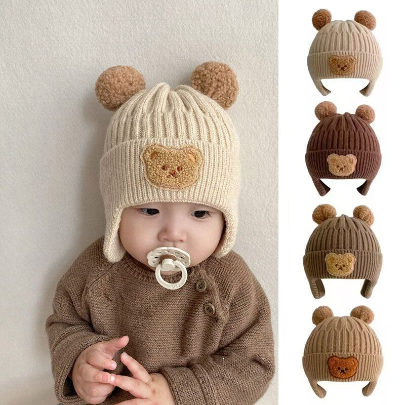 Winter-Babymütze, Mütze Cartoon-Bär, Ohrenschutz, Strickmütze für Kleinkinder, Jungen, Mädchen, süße warme Kinder-Häkelmützen