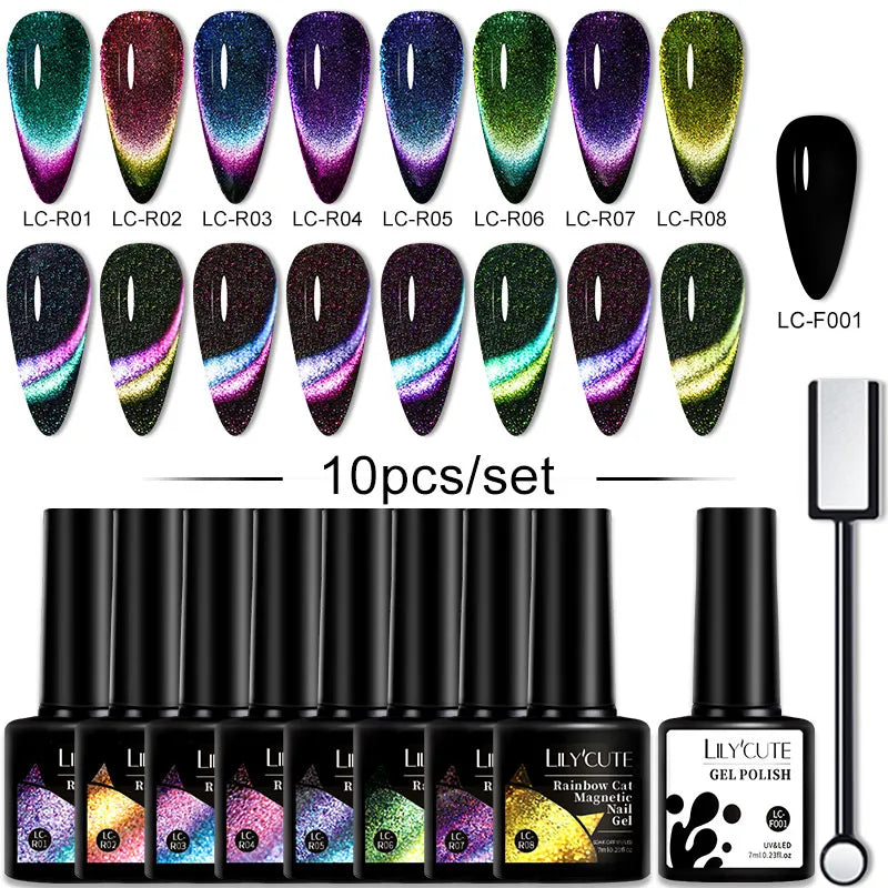 10PCS/SET Gel Nail Polish, Reflective Glitter, Magnetic Gel, Set Magnetic Stick, Soak Off Nail Art