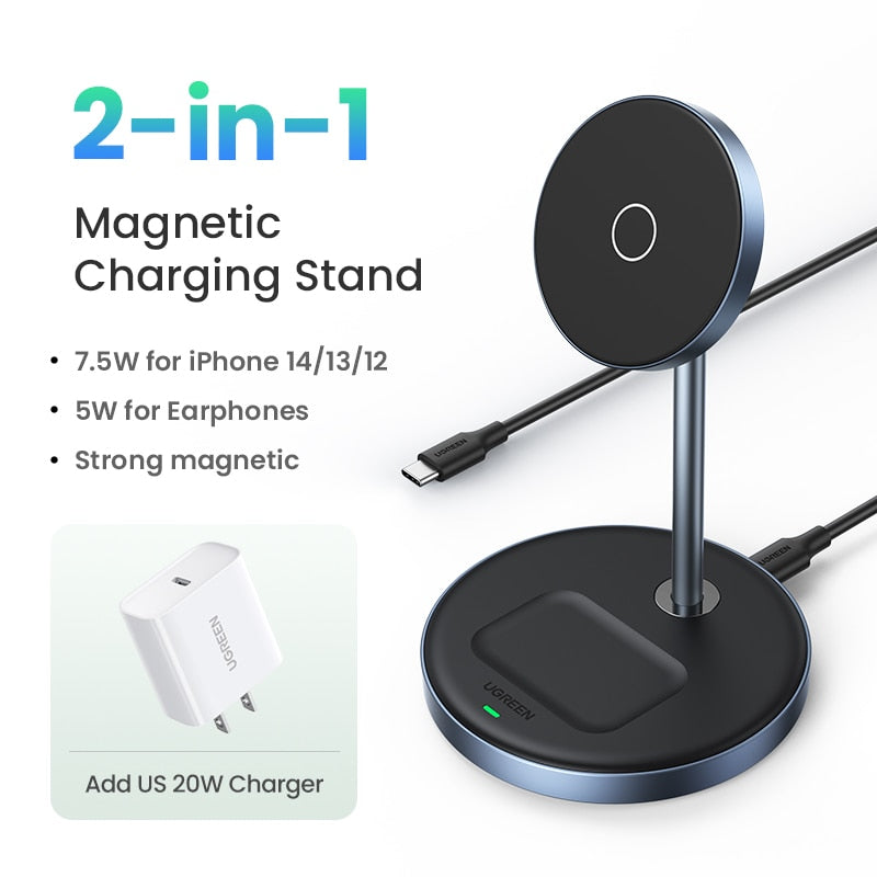 Chargeur sans fil magnétique, support 20W puissance maximale, support de charge 2-en-1, iPhone, AirPods, chargeur rapide