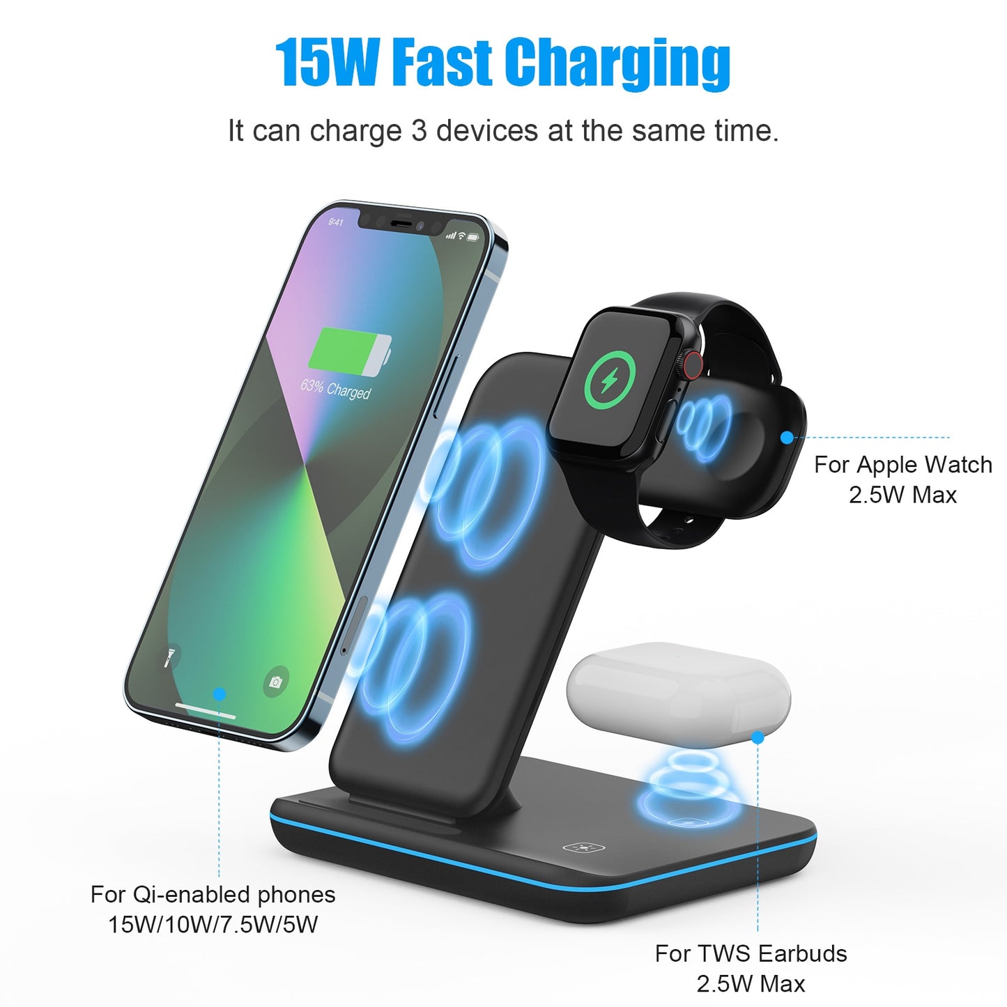 Wireless Charger Stand 15W, Qi Fast Charging Station, Dock for Apple Watch, iWatch 7 AirPods, iPhone