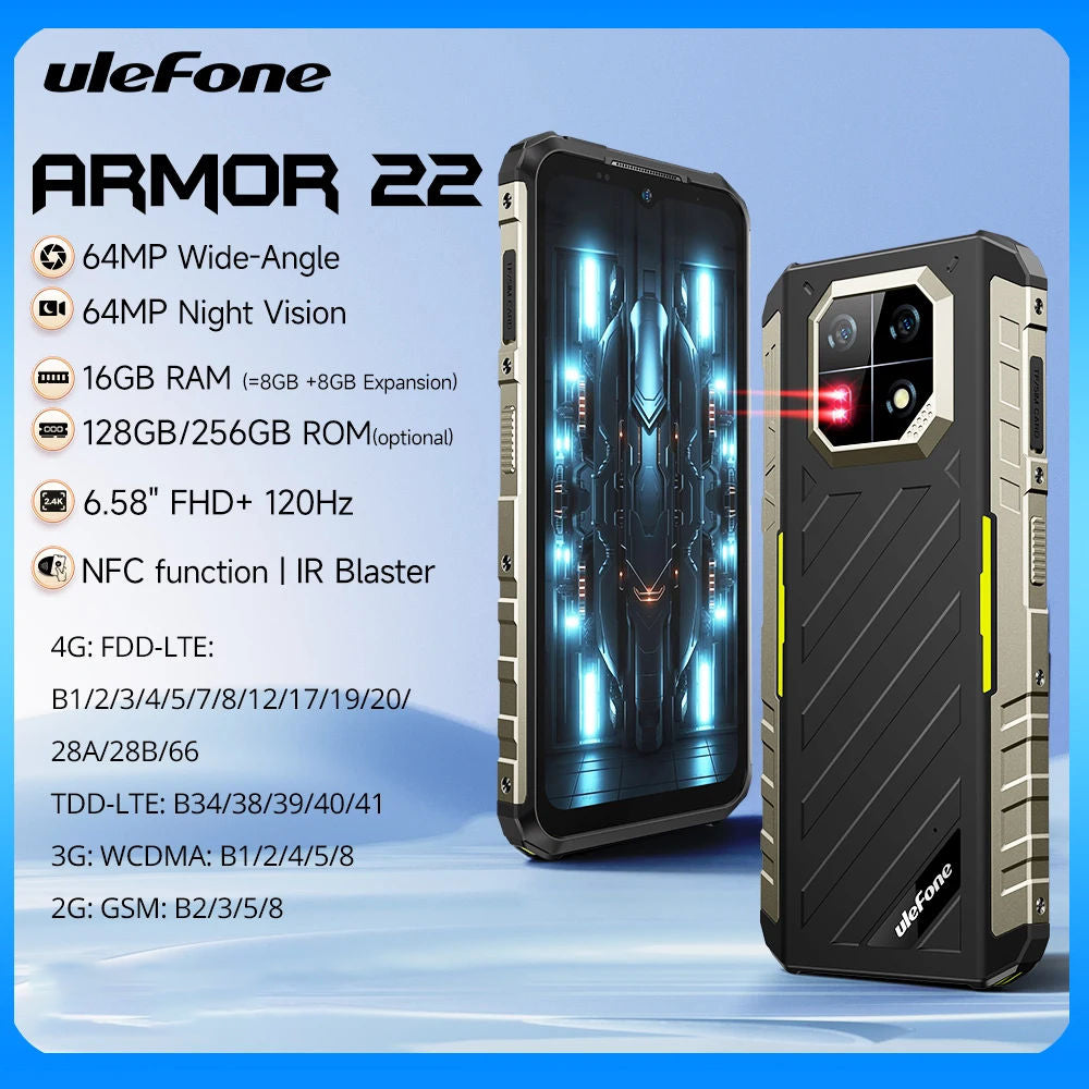 Ulefone Armor 22  Rugged Phone, 16GB (8GB+8GB) RAM, 128GB/256GB ROM, Android 13 Smartphone, NFC, 4G Phone