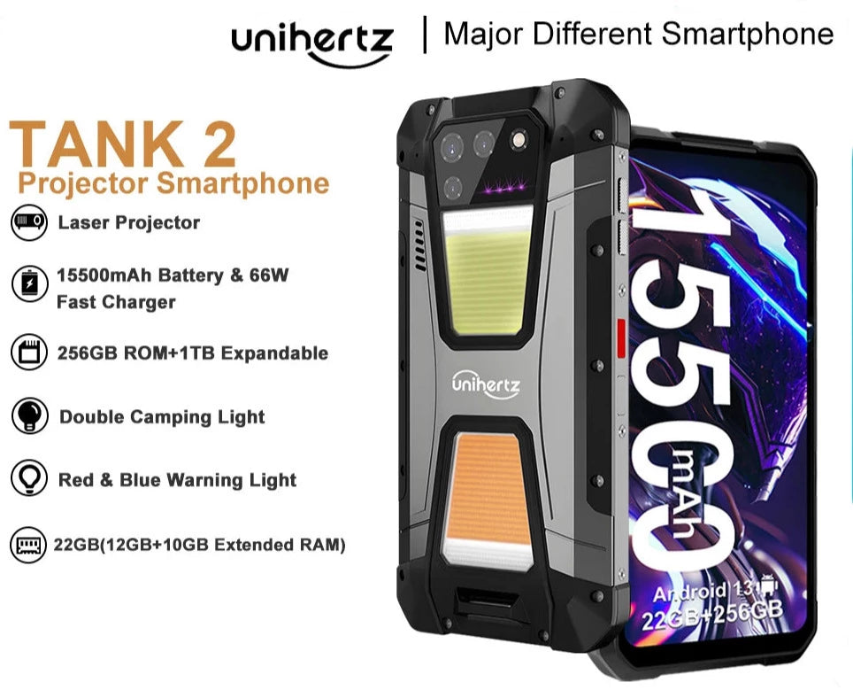 Unihertz 8849 Tank 2, projecteur robuste 22 Go de RAM, 256 Go de ROM, 108 MP, 64 MP, Super Night Vision, G99, 15 500 mAh