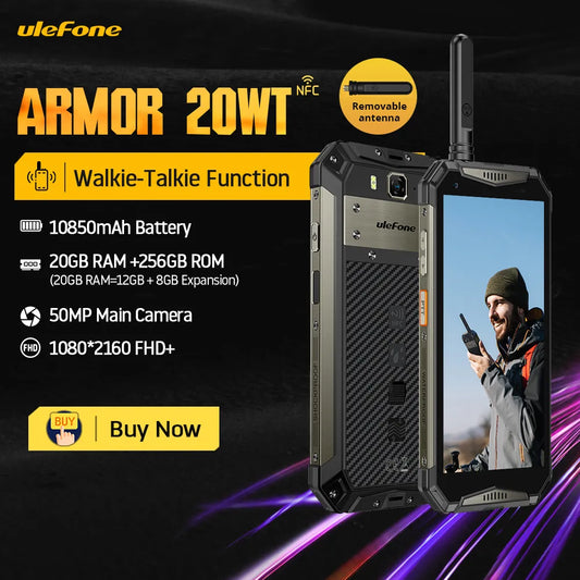 Ulefone Armor 20WT, Rugged Waterproof Smartphone, 10850mAh, 20GB+256GB, Android Phone