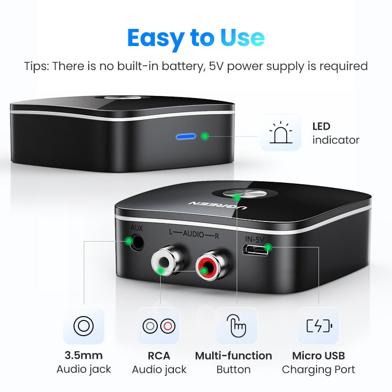 UGREEN Bluetooth RCA Empfänger 5.1 aptX HD 3,5 mm Klinke Aux Wireless Adapter Musik für TV Auto 2RCA Bluetooth 5.0 Audio Receiver