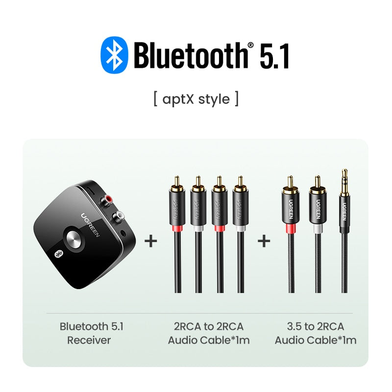 UGREEN Bluetooth RCA Récepteur 5.1 aptX HD 3.5mm Jack Aux Adaptateur Sans Fil Musique pour TV Voiture 2RCA Bluetooth 5.0 Récepteur Audio