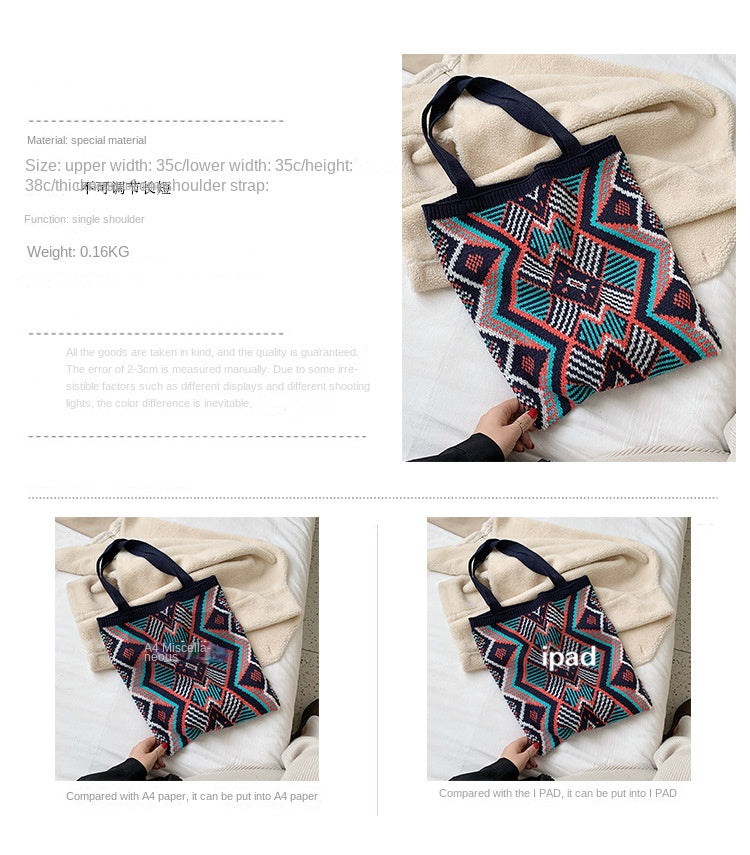 Strickende Zigeunertasche für Damen, böhmische Boho-Tasche, schicke Azteken-Einkaufstasche, offene Shopper-Tasche aus gehäkelter Wolle für Damen, tägliche Handtasche für Frauen