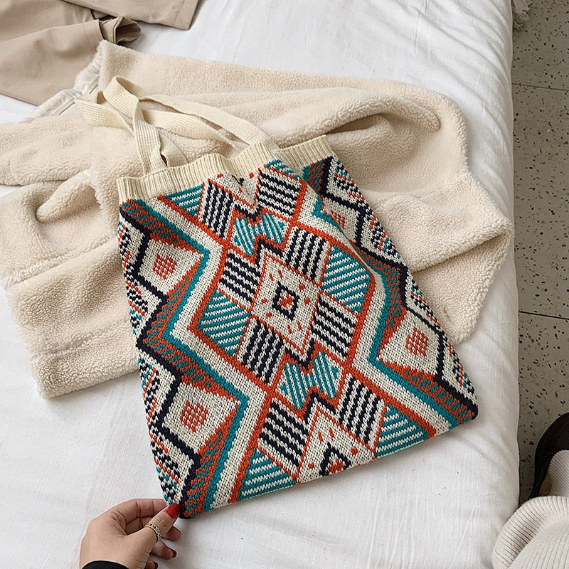 Strickende Zigeunertasche für Damen, böhmische Boho-Tasche, schicke Azteken-Einkaufstasche, offene Shopper-Tasche aus gehäkelter Wolle für Damen, tägliche Handtasche für Frauen