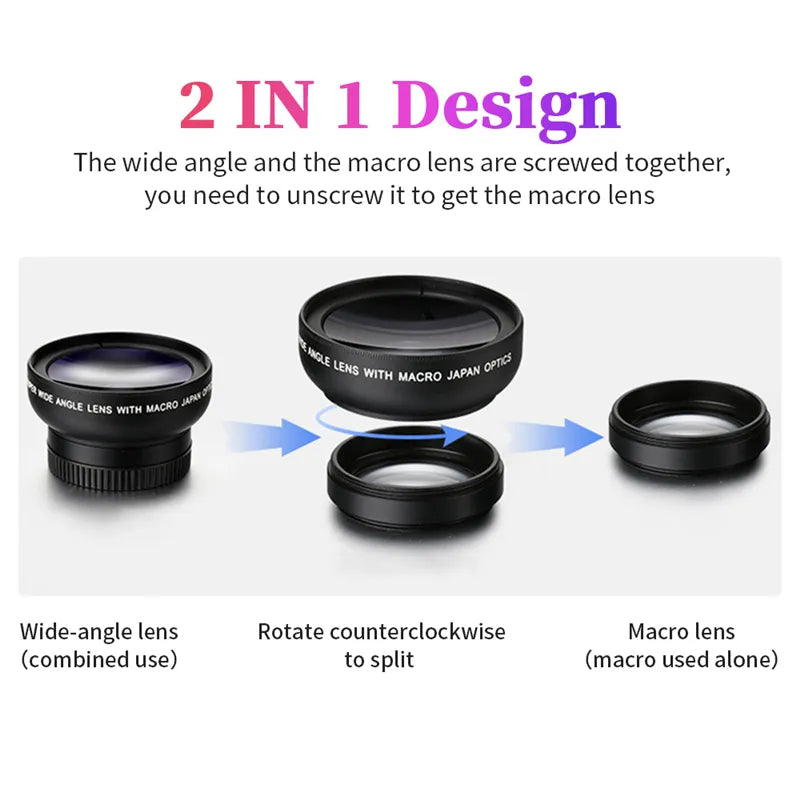 Mobile Phone Lens Professional, 2 IN 1 Lens Universal Clip 37mm, Super Wide-Angle + Macro HD Lens