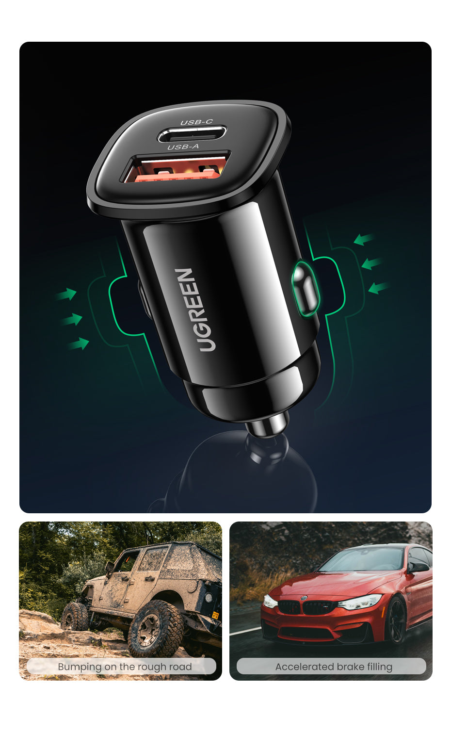 USB-Autoladegerät 30 W, Quick Charge 4.0, QC4.0, QC3.0, Typ-C-Schnellladegerät fürs Auto