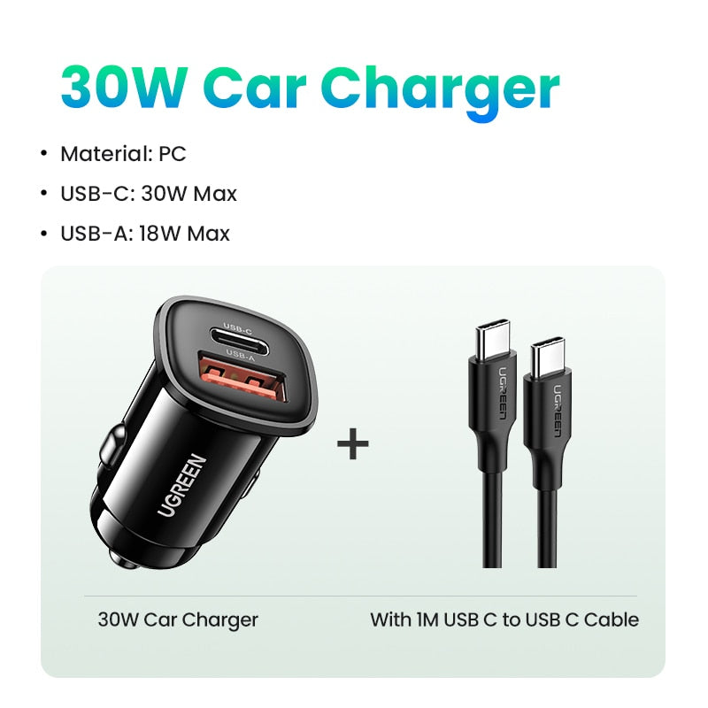 USB Car Charger 30W, Quick Charge 4.0, QC4.0, QC3.0, Type C Fast Car USB Charger