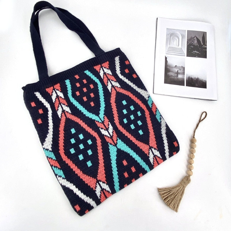 Strickende Zigeunertasche für Damen, böhmische Boho-Tasche, schicke Azteken-Einkaufstasche, offene Shopper-Tasche aus gehäkelter Wolle für Damen, tägliche Handtasche für Frauen