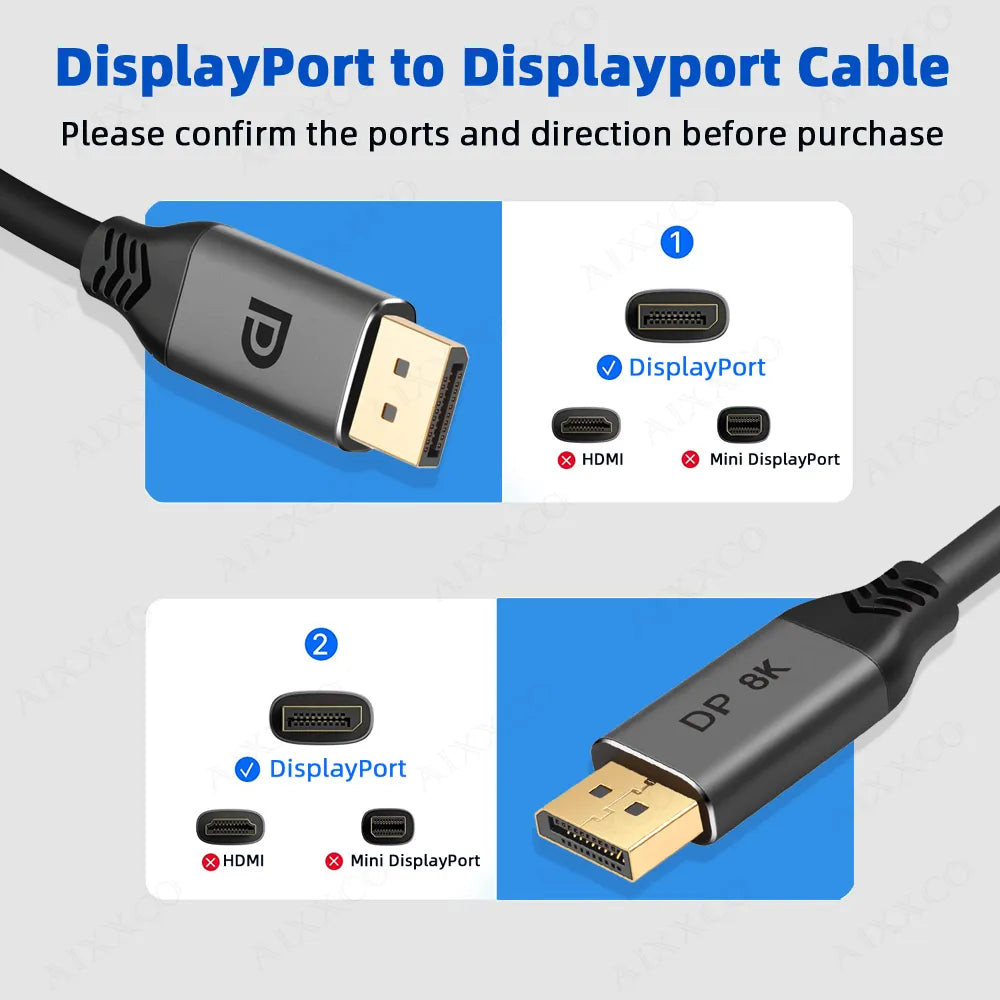 DisplayPort 1.4 Cable 8K 60Hz, 4K HDR 165Hz, Display Port Audio Cable, Video PC, Laptop, TV Display, Port 1.4 DP, Port Cable 1.2