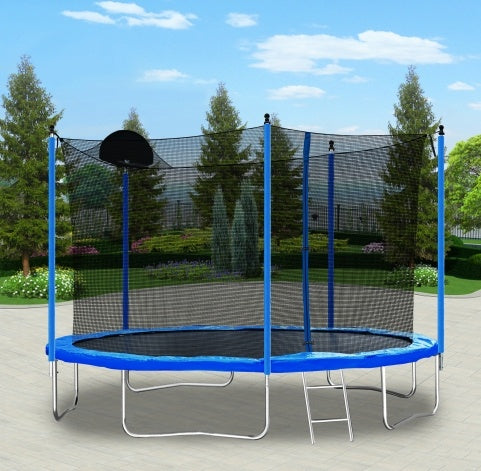 12FT Trampoline For Adults   Kids With Basketball Hoop, Outdoor Trampolines W Ladder And Safety Enclosure Net For Kids And Adults