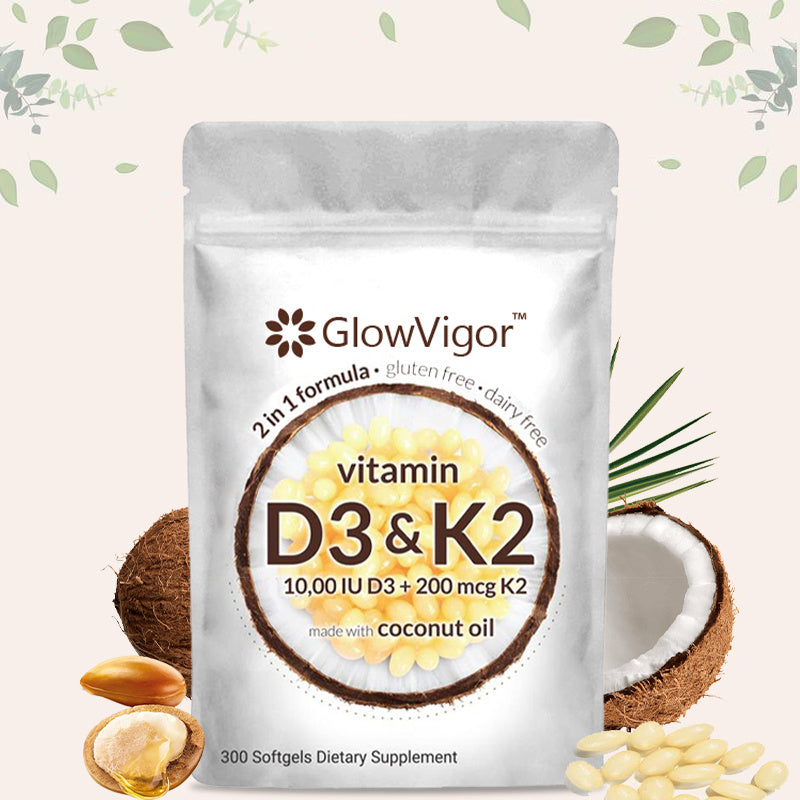 GlowVigor 2-in-1 Vitamin D3 K2 Nahrungsergänzungsmittel Softgel, 9999 IE Vitamin D3 200 MCG Vitamin K2, frei von GVO, Gluten, Soja, Knochengesundheit, Unterstützung der Herz-Kreislauf-Gesundheit, unterstützt die Kalziumaufnahme, 300 Stück