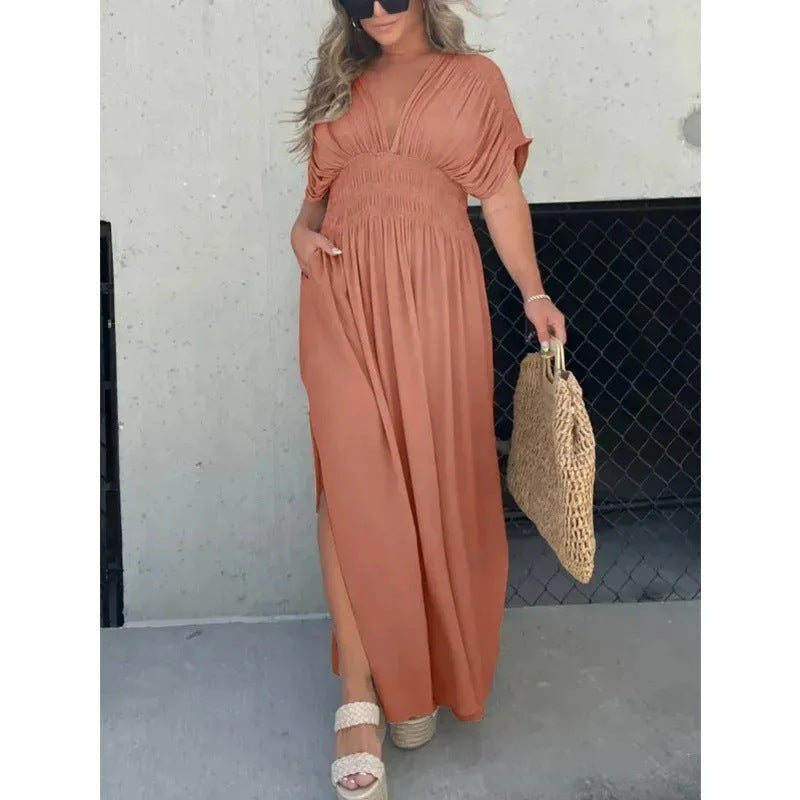 Fashion Bat-sleeved V-neck Slit Dress Summer Short Sleeve Elastic Waist Long Pants Womens Clothing