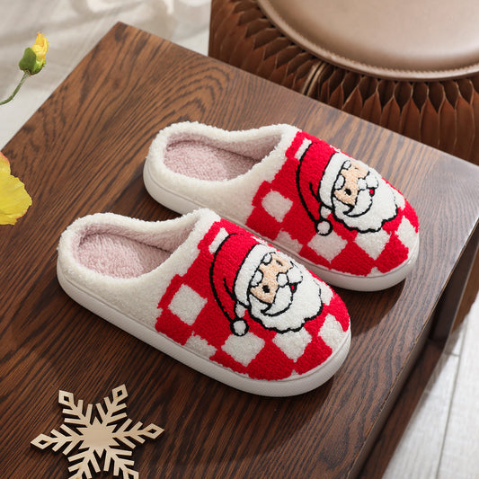 Christmas Plaid Santa Claus Slippers Winter Indoor Non-slip Floor Bedroom Fuzzy House Shoes For Women Home Slipper