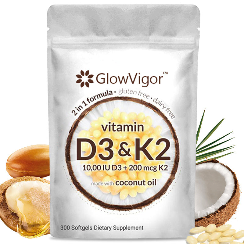 GlowVigor 2-in-1 Vitamin D3 K2 Nahrungsergänzungsmittel Softgel, 9999 IE Vitamin D3 200 MCG Vitamin K2, frei von GVO, Gluten, Soja, Knochengesundheit, Unterstützung der Herz-Kreislauf-Gesundheit, unterstützt die Kalziumaufnahme, 300 Stück