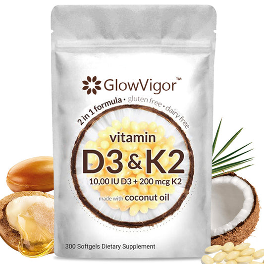 GlowVigor 2-in-1 Vitamin D3 K2 Nahrungsergänzungsmittel Softgel, 9999 IE Vitamin D3 200 MCG Vitamin K2, frei von GVO, Gluten, Soja, Knochengesundheit, Unterstützung der Herz-Kreislauf-Gesundheit, unterstützt die Kalziumaufnahme, 300 Stück