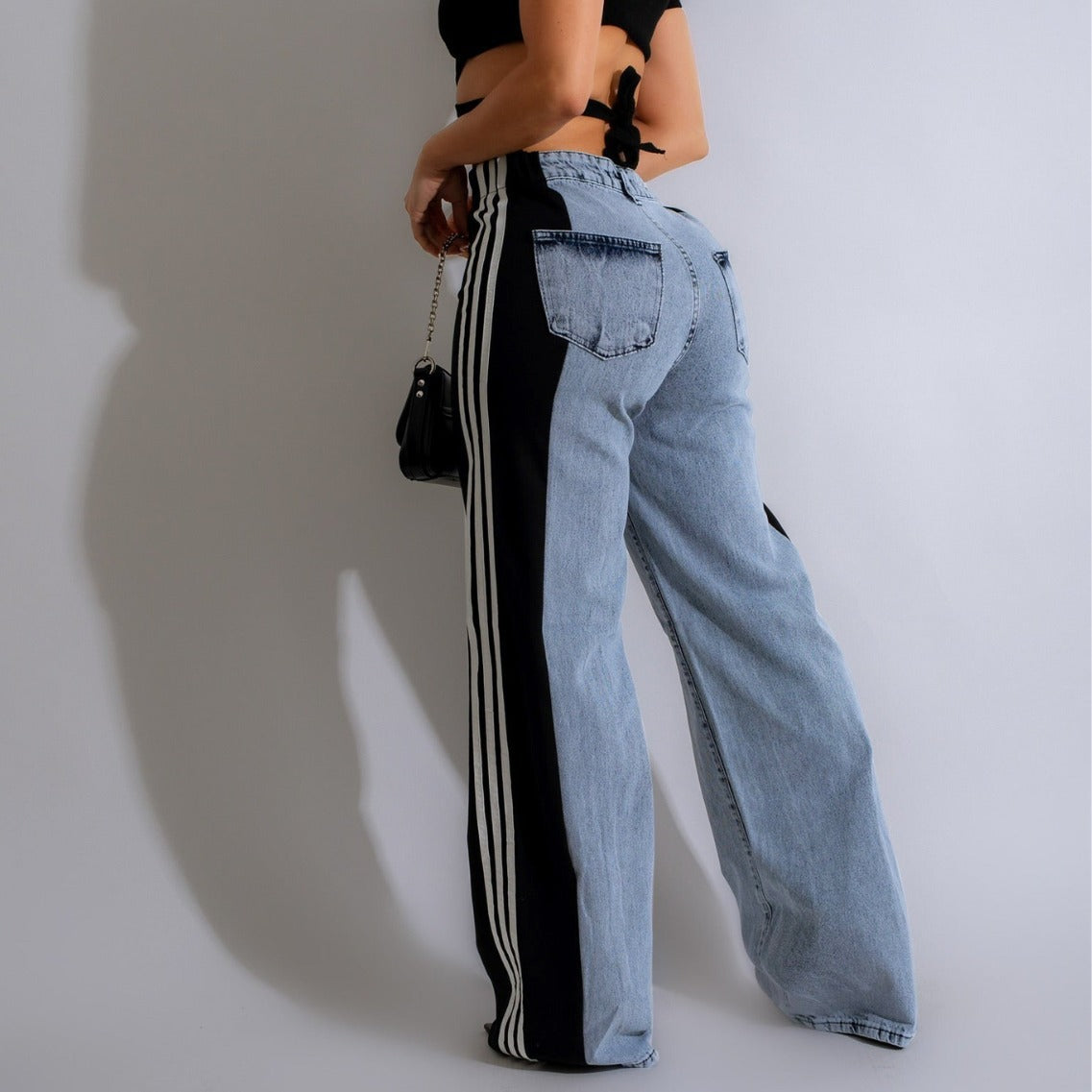 NEW Fashion Casual High Waist Elastic Straight Leg Trousers Three Stripe Patchwork Denim Wide Leg Pants Streetwear