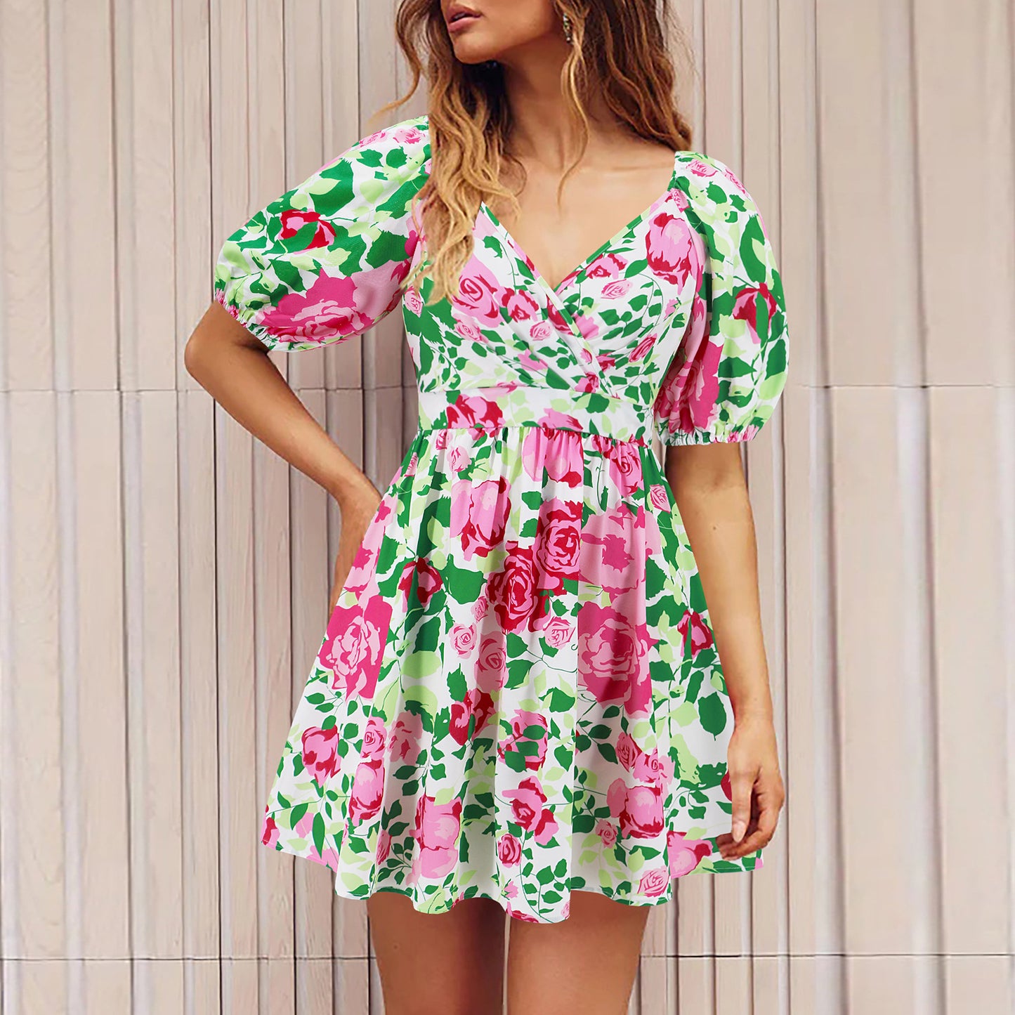 Flowers Print V-Neck Lantern-sleeve Dress Summer Vacation Beach Short Dresses Fashion Womens Clothing