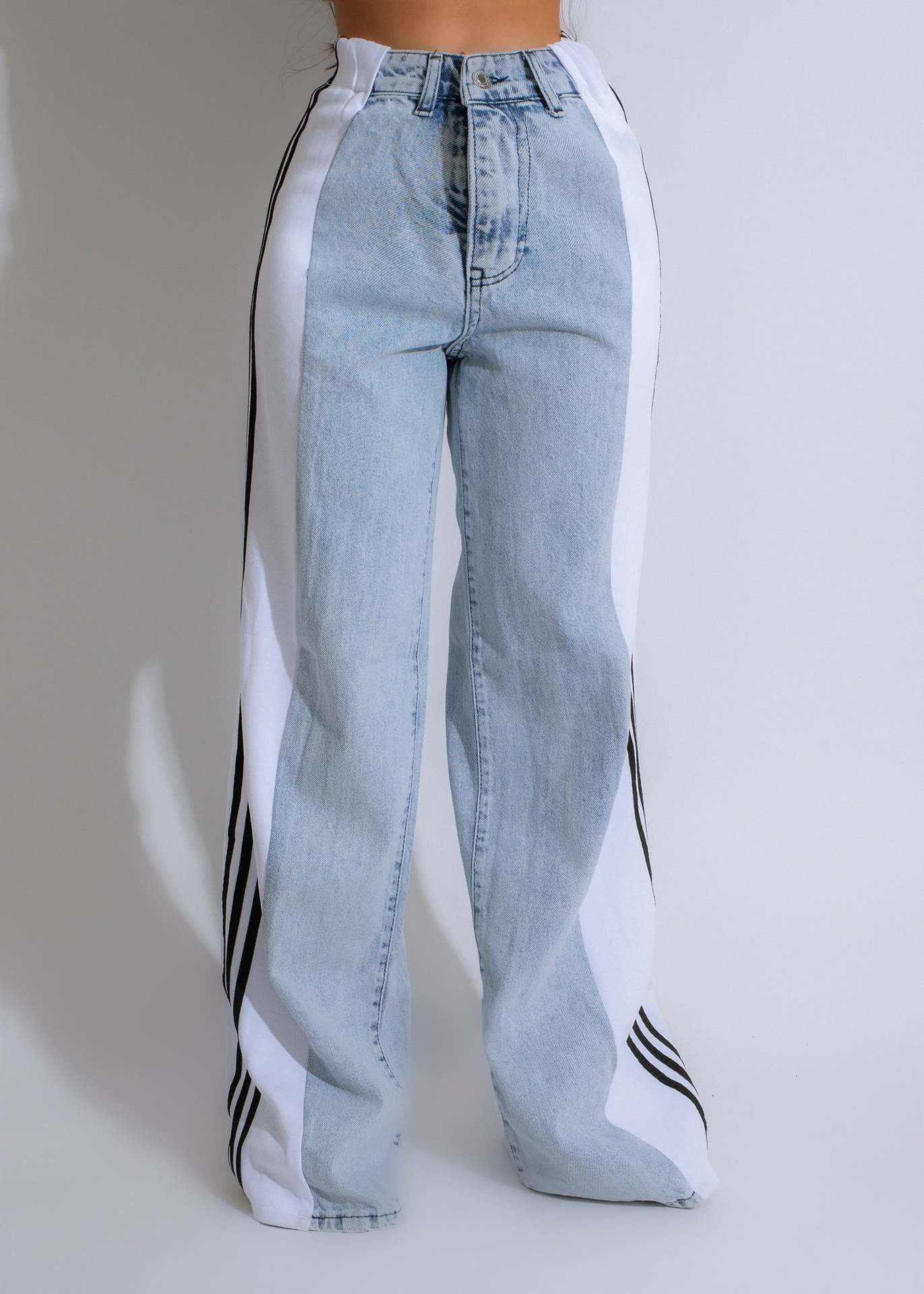 NEW Fashion Casual High Waist Elastic Straight Leg Trousers Three Stripe Patchwork Denim Wide Leg Pants Streetwear