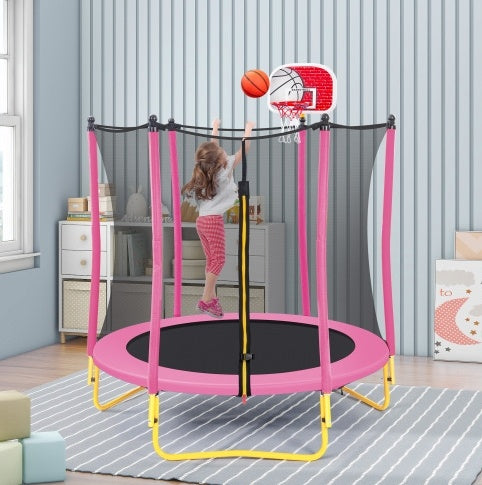 5.5FT Trampoline For Kids -65 Outdoor & Indoor Mini Toddler Trampoline With Enclosure, Basketball Hoop And Ball Included