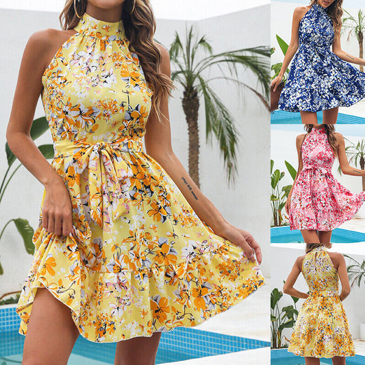 Flowers Print Halterneck Dress Summer Fashion Temperament Lace-up Ruffled Dresses For Women