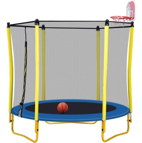 5.5FT Trampoline For Kids -65 Outdoor & Indoor Mini Toddler Trampoline With Enclosure, Basketball Hoop And Ball Included