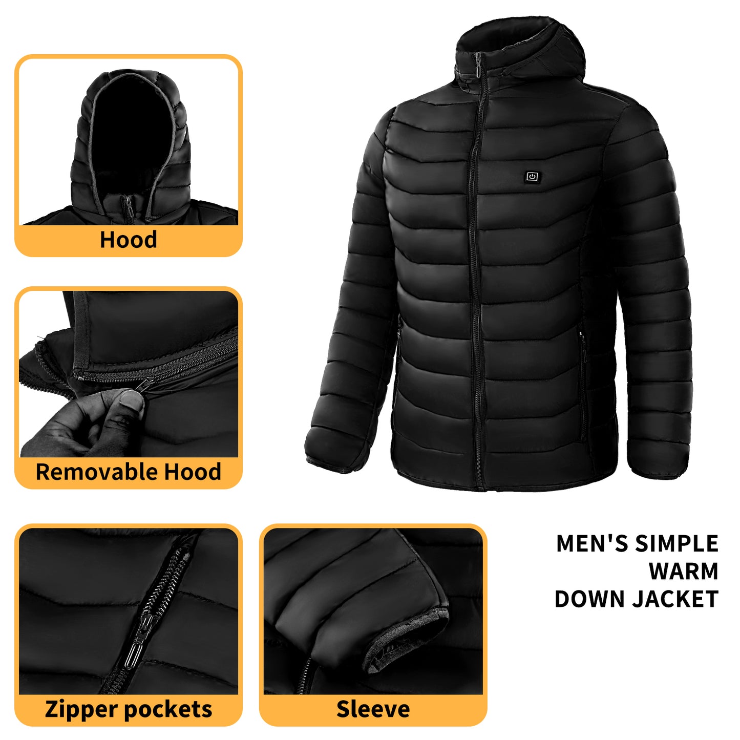 Men Heated Puffer Jacket Electric Heating Coat Insulated Hood Windbreaker 9 Heat Zones