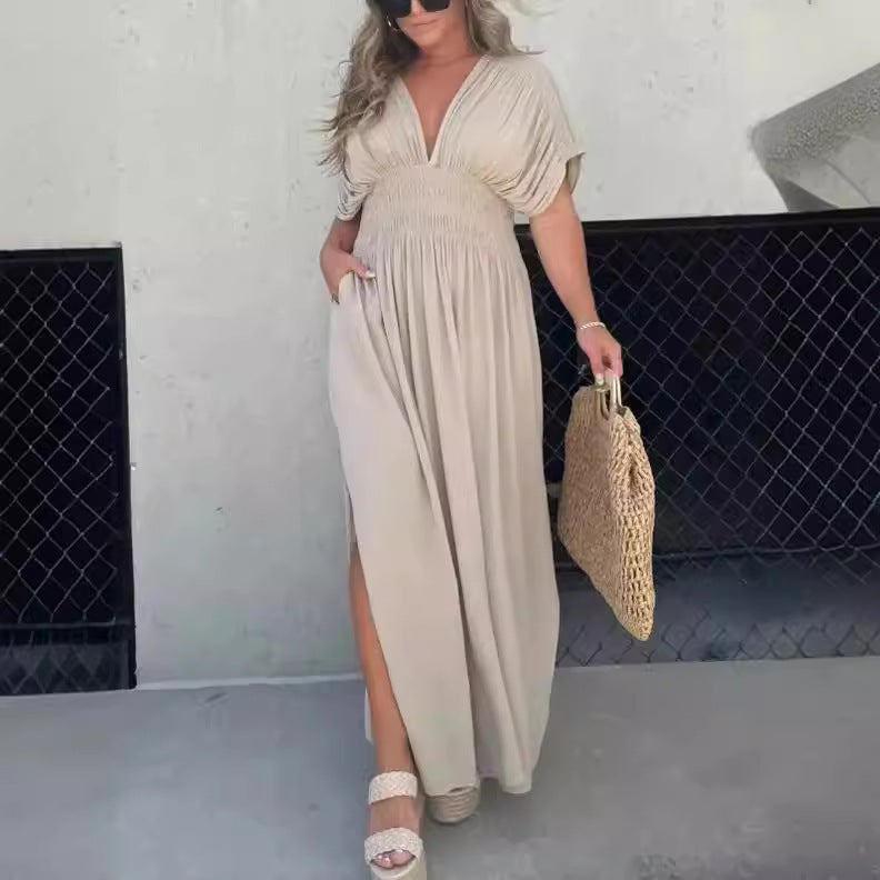 Fashion Bat-sleeved V-neck Slit Dress Summer Short Sleeve Elastic Waist Long Pants Womens Clothing