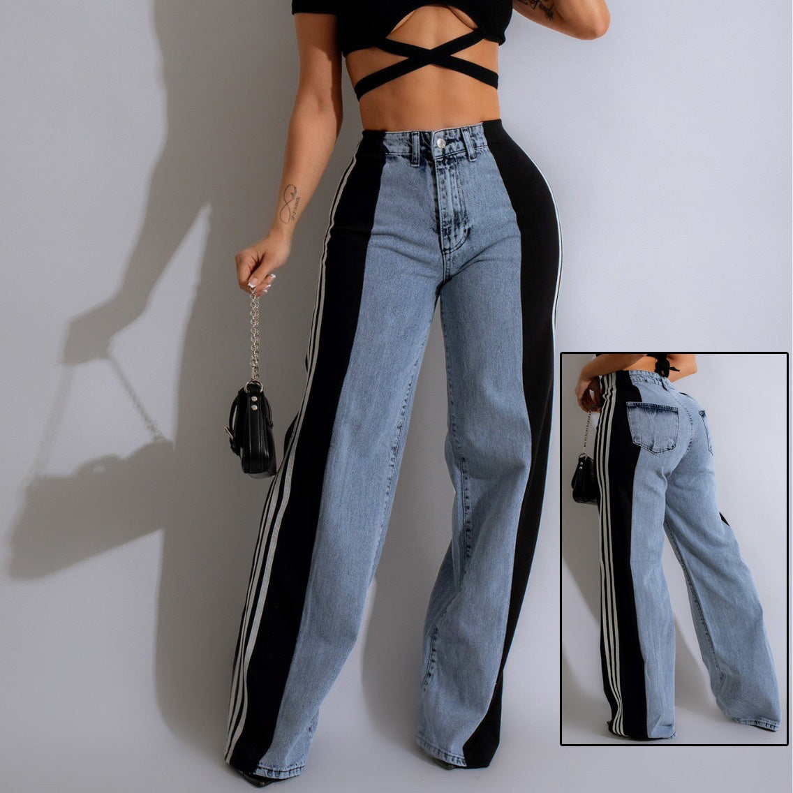 NEW Fashion Casual High Waist Elastic Straight Leg Trousers Three Stripe Patchwork Denim Wide Leg Pants Streetwear