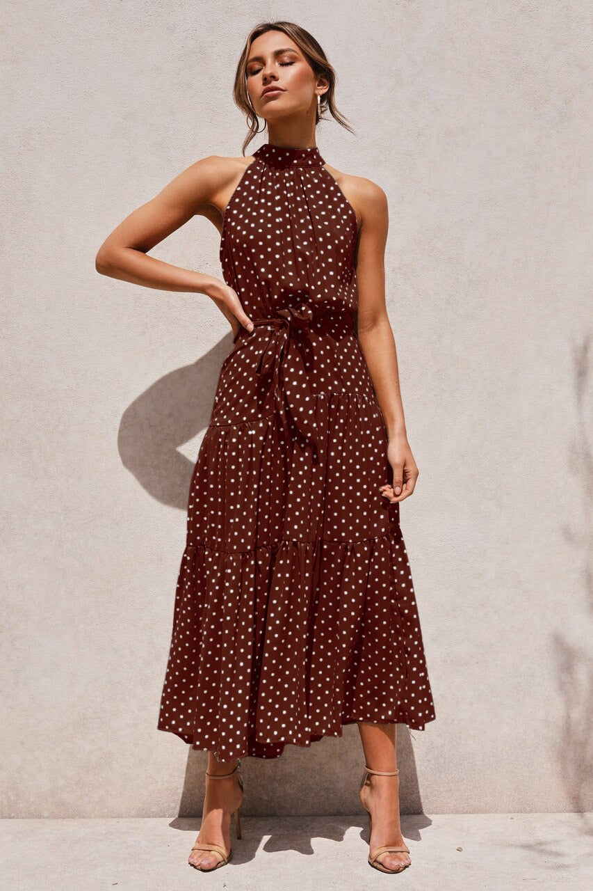 Sommer langes Kleid Polka Dot Freizeitkleider Schwarz Halfter trägerlos, gelbes Sommerkleid Urlaubskleidung für Frauen