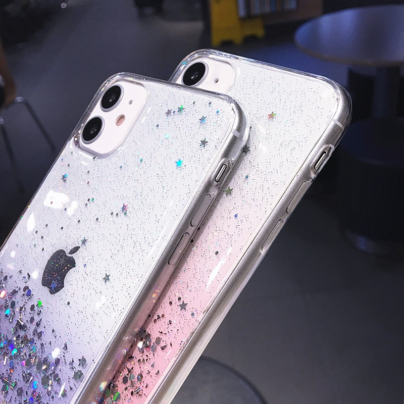 Klare Glitzer-Telefonhülle für iPhone 13 12 Pro 11 14 Pro Max XS Max XR X 7 8 Plus SE 2020 Niedlicher Regenbogen-Pailletten-Coque mit Farbverlauf