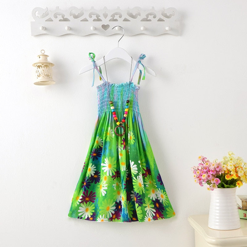 Summer Girls Floral Dress Sling Ruffles Bohemian Beach Princess Dresses for Girl Clothing 2 / 6 / 8 / 12 Years With Necklace Gift