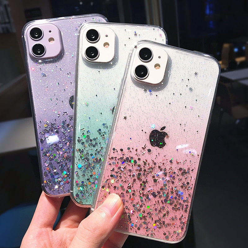 Klare Glitzer-Telefonhülle für iPhone 13 12 Pro 11 14 Pro Max XS Max XR X 7 8 Plus SE 2020 Niedlicher Regenbogen-Pailletten-Coque mit Farbverlauf