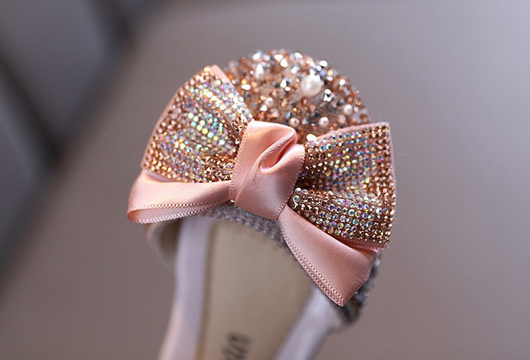 Children Leather Shoes Rhinestone Bow Princess Girls Party Dance Shoes Baby Student Flats Kids Performance Shoes