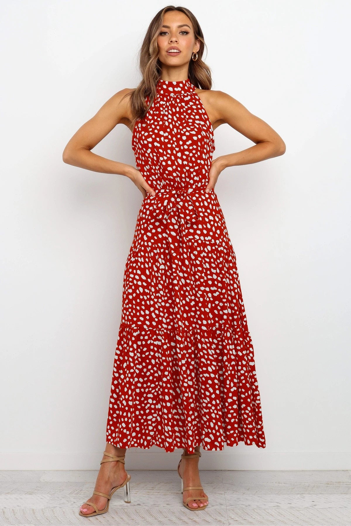 Sommer langes Kleid Polka Dot Freizeitkleider Schwarz Halfter trägerlos, gelbes Sommerkleid Urlaubskleidung für Frauen