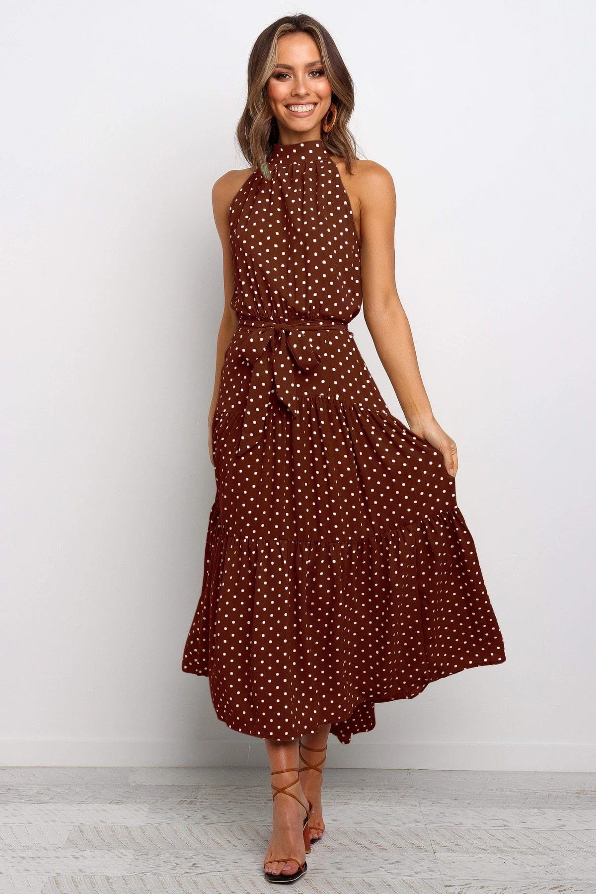 Sommer langes Kleid Polka Dot Freizeitkleider Schwarz Halfter trägerlos, gelbes Sommerkleid Urlaubskleidung für Frauen