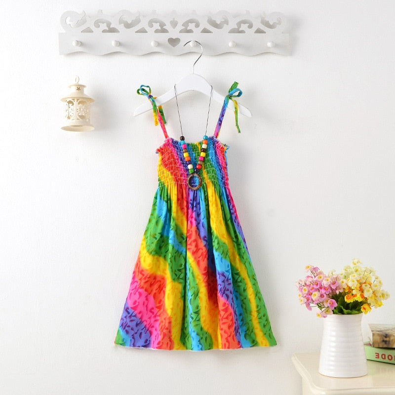 Summer Girls Floral Dress Sling Ruffles Bohemian Beach Princess Dresses for Girl Clothing 2 / 6 / 8 / 12 Years With Necklace Gift