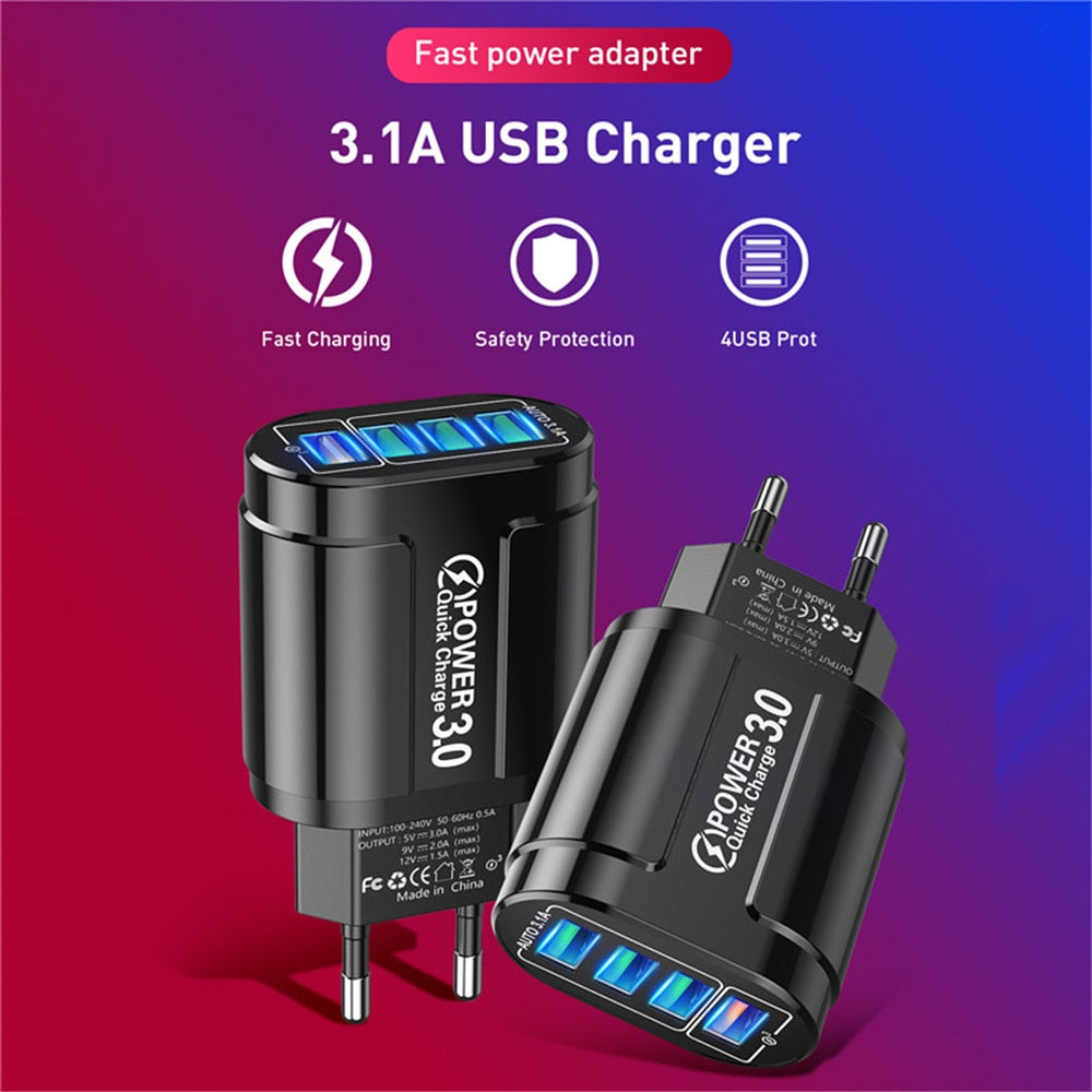 48W USB Charger Fast Charge QC 3.0 Wall Charging For iPhone 14 13 Samsung Xiaomi Mobile 4 Ports EU US Plug Adapter Travel