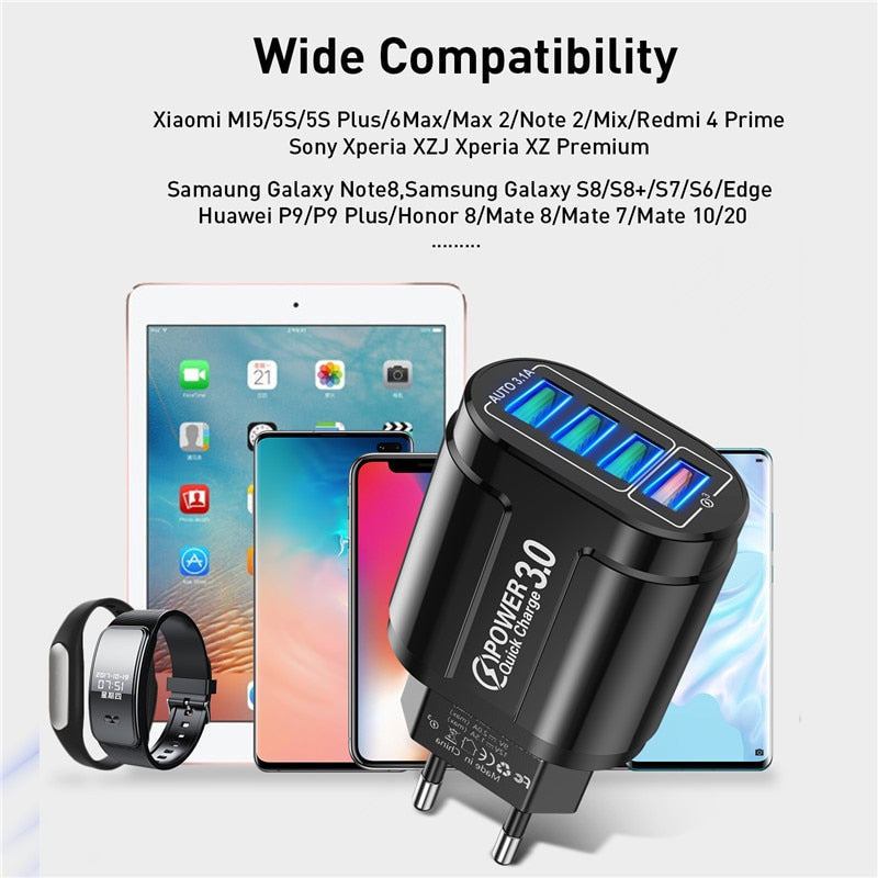 48W USB Charger Fast Charge QC 3.0 Wall Charging For iPhone 14 13 Samsung Xiaomi Mobile 4 Ports EU US Plug Adapter Travel