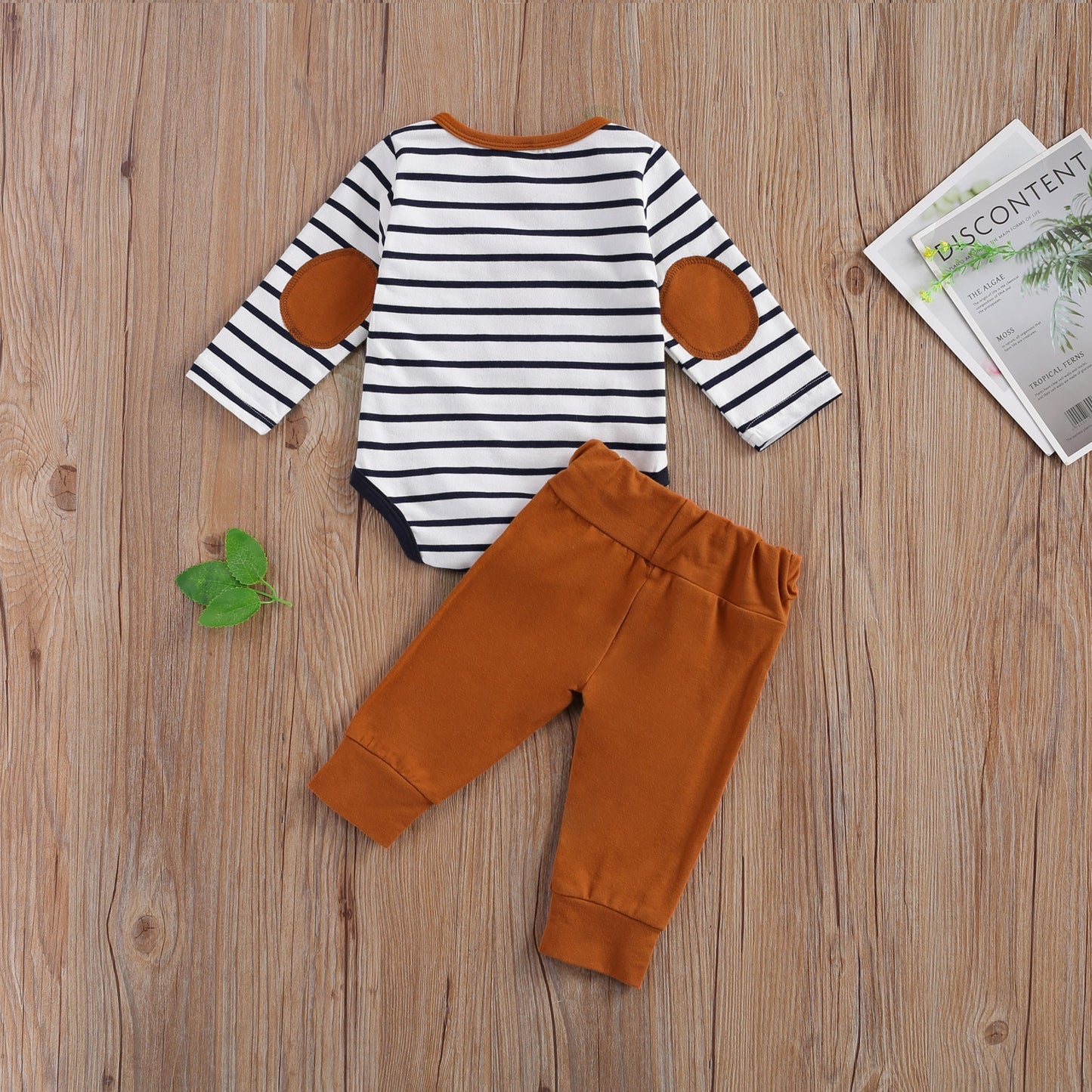 2 Pcs Baby Boy Girl Casual Suit Clothing Round Neck Long Sleeve Stripe Romper Button Decoration Loose Trousers