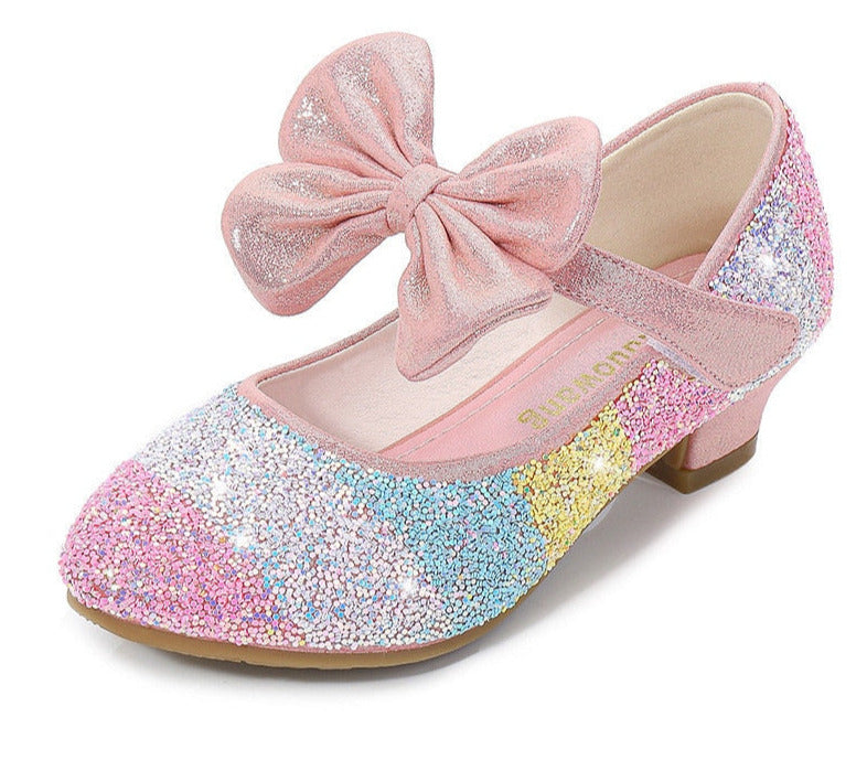 Girls Princess Leather Shoes with Crystal Accents - Soft-Sole, Round-Toe, High Heel