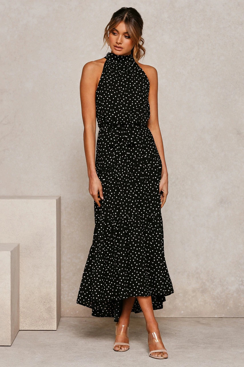 Sommer langes Kleid Polka Dot Freizeitkleider Schwarz Halfter trägerlos, gelbes Sommerkleid Urlaubskleidung für Frauen