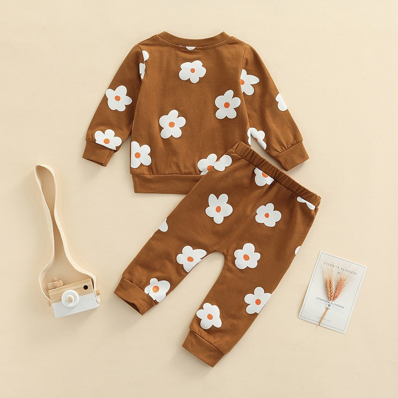 Toddler Baby Girl 2Pcs, 0-4 Years, Autumn Clothing Set Long Sleeve O-Neck Floral Printed Top Long Pants Casual Outfit