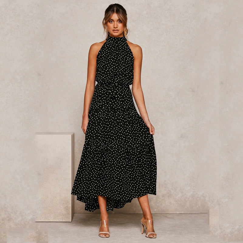 Sommer langes Kleid Polka Dot Freizeitkleider Schwarz Halfter trägerlos, gelbes Sommerkleid Urlaubskleidung für Frauen