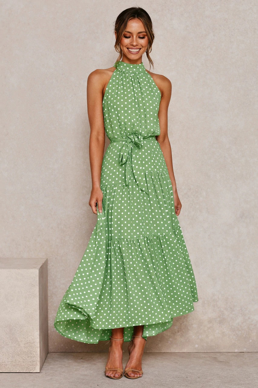 Sommer langes Kleid Polka Dot Freizeitkleider Schwarz Halfter trägerlos, gelbes Sommerkleid Urlaubskleidung für Frauen