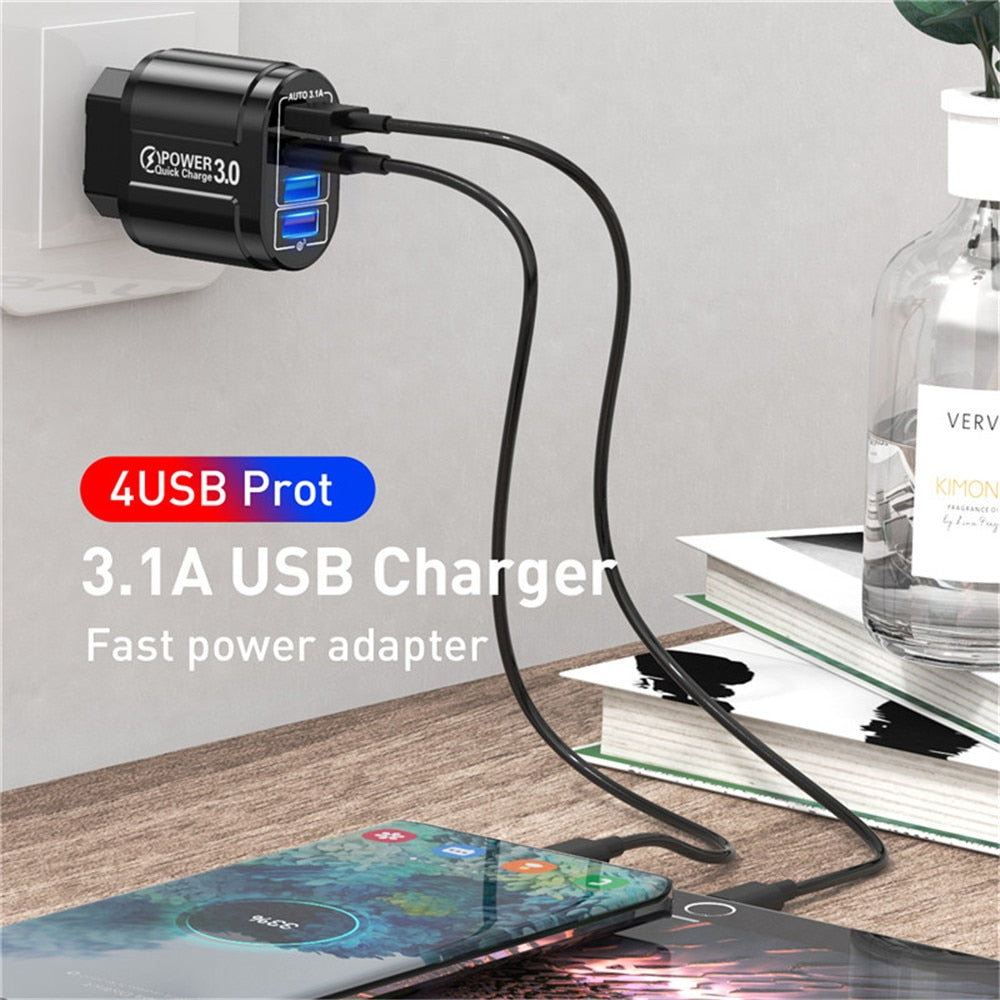 48W USB Charger Fast Charge QC 3.0 Wall Charging For iPhone 14 13 Samsung Xiaomi Mobile 4 Ports EU US Plug Adapter Travel